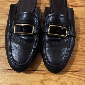 Tory Burch Black Leather Loafers with Gold Accent
